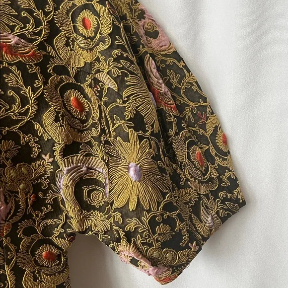 SUNO Chic Embroidered Brown/Gold Floral Short Puff Sleeve Shirt Top **Size 8**🌸🌸 - Picture 5 of 6